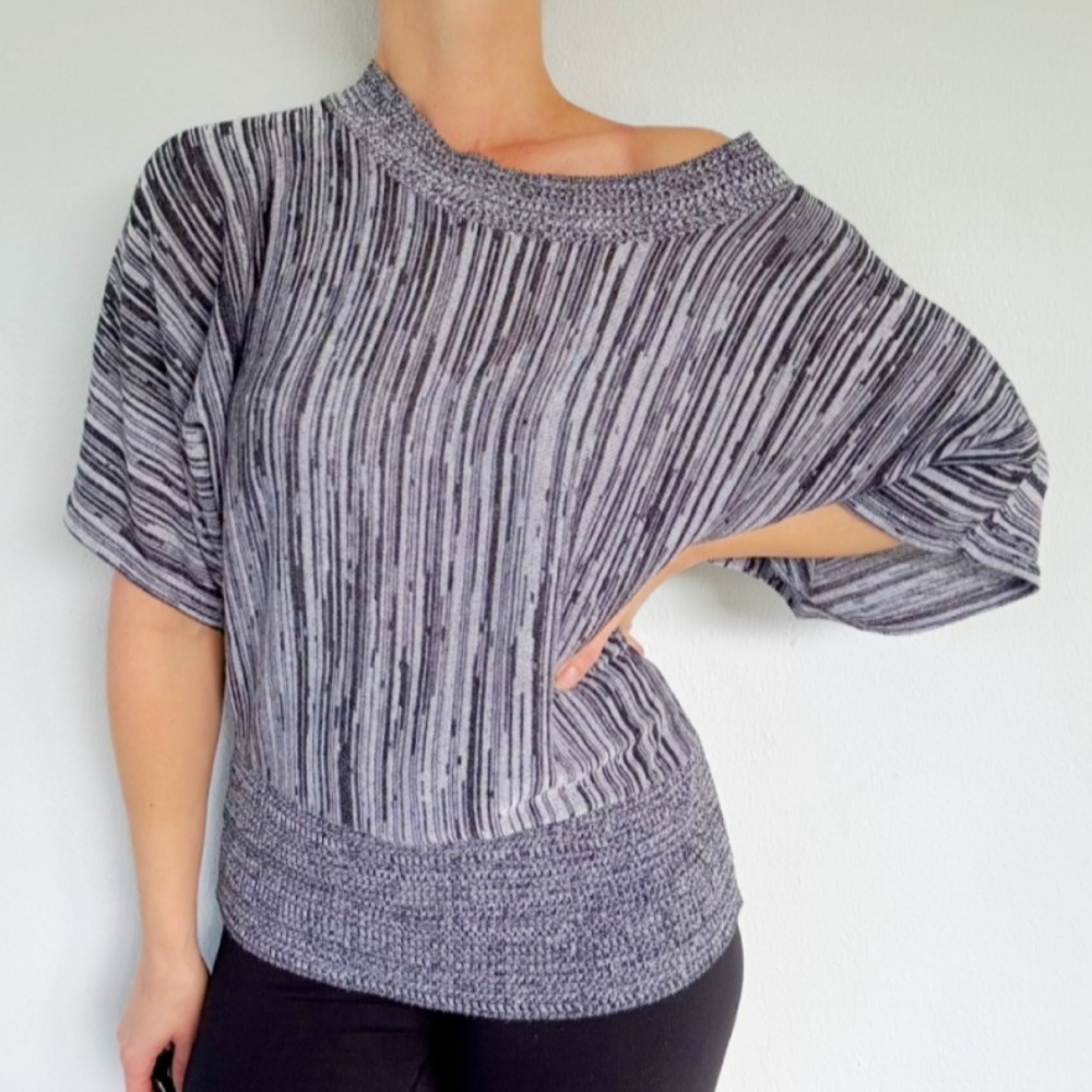 Brittany Black Petite gray marled knit dolman sleeve smocked waist sweater PM